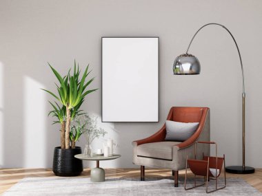 mock up poster frame in modern interior fully furnished rooms background, living room, 3D rendering