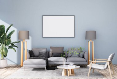 mock up poster frame in modern interior fully furnished rooms background, living room, 3D rendering