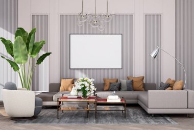 mock up poster frame in modern interior fully furnished rooms background, living room, 3D rendering