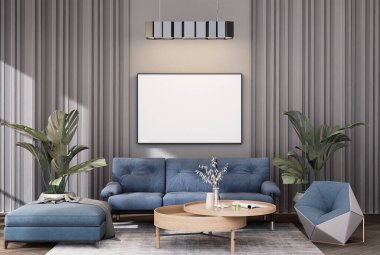 mock up poster frame in modern interior fully furnished rooms background, living room, 3D rendering