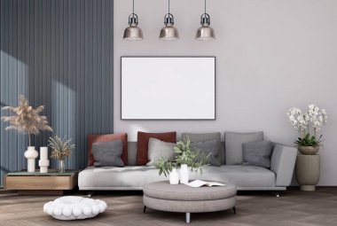 mock up poster frame in modern interior fully furnished rooms background, living room, 3D rendering