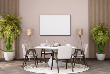mock up poster frame in modern interior fully furnished rooms background, Cafe, Dining room,, 3D rendering