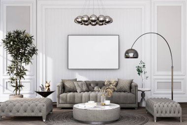 mock up poster frame in modern interior fully furnished rooms background, living room, 3D rendering