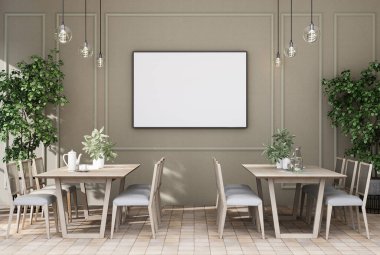mock up poster frame in modern interior fully furnished rooms background, Cafe, Dining room,, 3D rendering