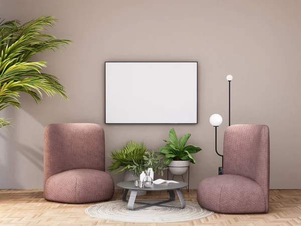 mock up poster frame in modern interior fully furnished rooms background, living room, 3D rendering