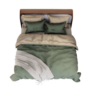 3d Furniture top view brown green fabric double bed isolated on a white background, Decoration Design for bedroom., 3D Rendering