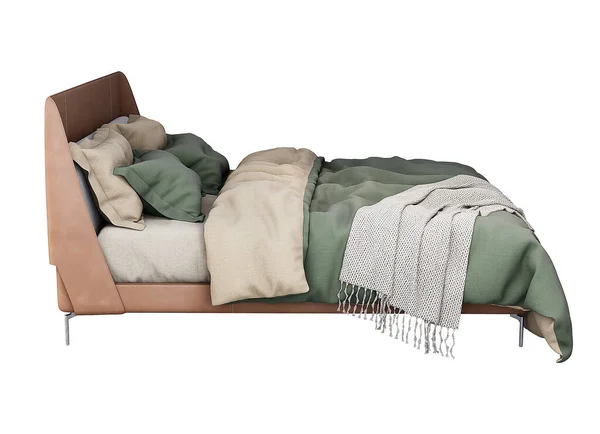 Furniture Brown Green Fabric Double Bed Isolated White Background Decoration — ストック写真