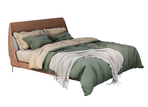 Furniture Brown Green Fabric Double Bed Isolated White Background Decoration 免版税图库图片