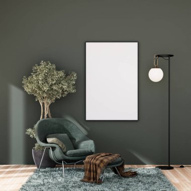 mock up poster frame in modern interior fully furnished rooms background, living room, 3D rendering