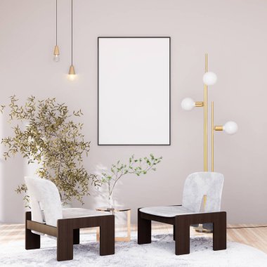 mock up poster frame in modern interior fully furnished rooms background, living room, 3D rendering