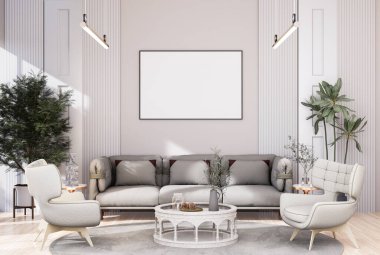 mock up poster frame in modern interior fully furnished rooms background, living room, 3D rendering