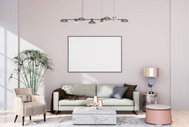 mock up poster frame in modern interior fully furnished rooms background, living room, 3D rendering