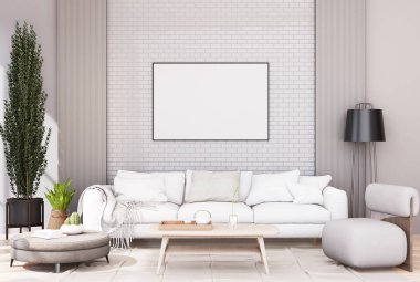 mock up poster frame in modern interior fully furnished rooms background, living room, 3D rendering