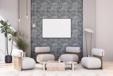 mock up poster frame in modern interior fully furnished rooms background, living room, 3D rendering