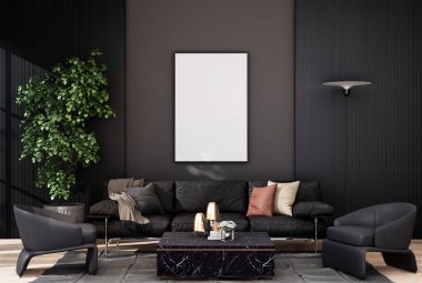 mock up poster frame in modern interior fully furnished rooms background, living room, 3D rendering