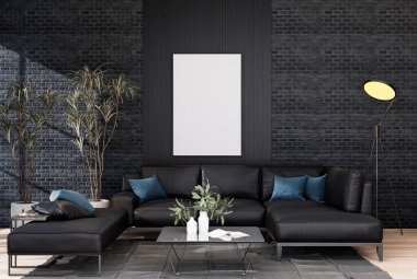 mock up poster frame in modern interior fully furnished rooms background, living room, 3D rendering