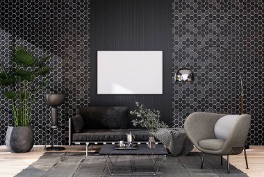 mock up poster frame in modern interior fully furnished rooms background, living room, 3D rendering