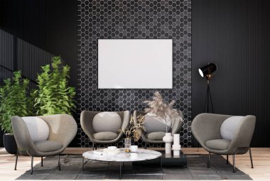 mock up poster frame in modern interior fully furnished rooms background, living room, 3D rendering