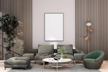 mock up poster frame in modern interior fully furnished rooms background, living room, 3D rendering