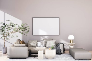 mock up poster frame in modern interior fully furnished rooms background, living room, 3D rendering