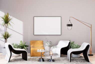 mock up poster frame in tropical interior fully furnished rooms background, living room, 3D rendering