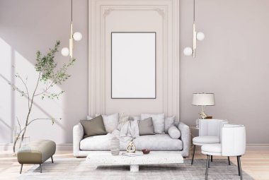 mock up poster frame in modern interior fully furnished rooms background, living room, 3D rendering