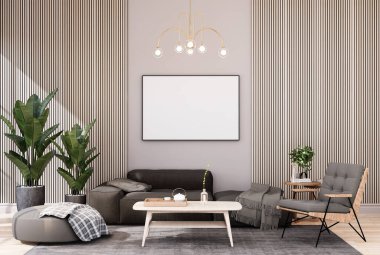 mock up poster frame in tropical interior fully furnished rooms background, living room, 3D rendering