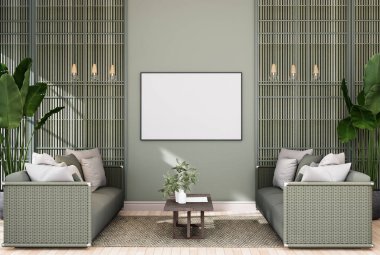 mock up poster frame in tropical interior fully furnished rooms background, living room, 3D rendering