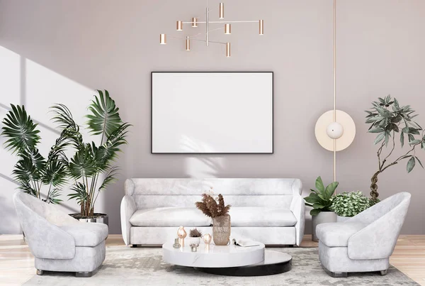 mock up poster frame in modern interior fully furnished rooms background, living room, 3D rendering