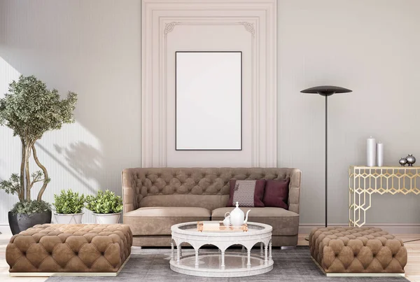 mock up poster frame in modern interior fully furnished rooms background, living room, 3D rendering