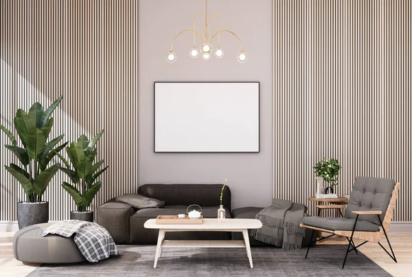 mock up poster frame in tropical interior fully furnished rooms background, living room, 3D rendering