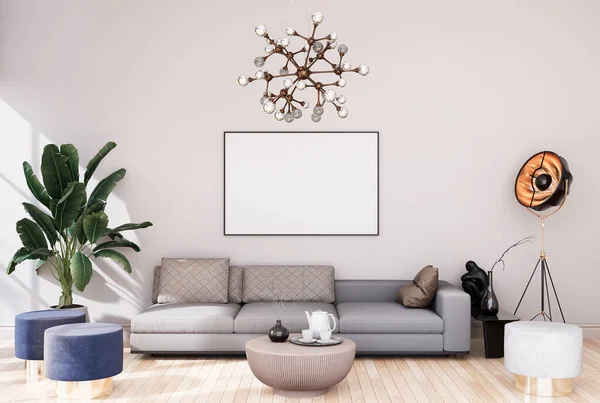 Mock Poster Frame Modern Interior Fully Furnished Rooms Background Living — 스톡 사진