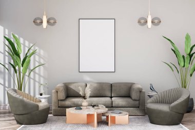 mock up poster frame in modern interior fully furnished rooms background, living room, 3D rendering