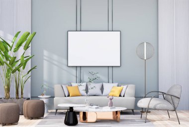 mock up poster frame in tropical interior fully furnished rooms background, living room, 3D rendering
