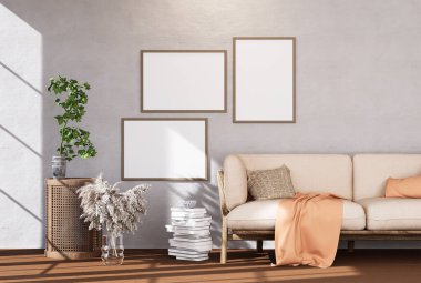 Furniture and fixture with neutral tones, minimal wood texture with sunlight window create leaf shadow on wall with blur indoor green plant foreground. panoramic banner mockup for Set of 3 photo frame with wall paint background, 3D Rendering