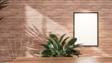 Wood table background with sunlight window creates leaf shadow on wall with blur indoor green plant foreground. mockup for photo frame with wooden wall background, 3D animation rendering