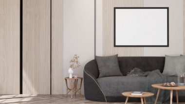 Modern interior design of  Scandinavian apartment of furniture and fixture for living room with neutral tones furniture. 3d animation rendering