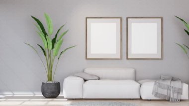 Modern interior design of  Scandinavian apartment of furniture and fixture for living room with neutral tones furniture. 3d animation rendering. 3d visualization