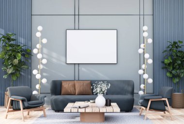mock up poster frame in modern interior fully furnished rooms background, living room, 3D rendering