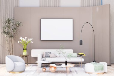 mock up poster frame in modern interior fully furnished rooms background, living room, 3D rendering