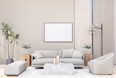 mock up poster frame in modern interior fully furnished rooms background, living room, 3D rendering