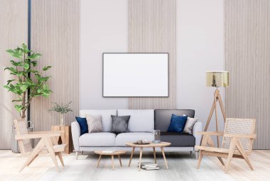 mock up poster frame in modern interior fully furnished rooms background, living room, 3D rendering