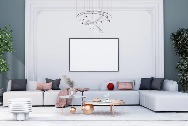 Mock Poster Frame Modern Interior Fully Furnished Rooms Background Living — 图库照片