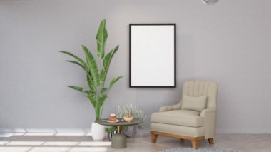 Modern interior design with armchair and coffee table for living room with a houseplant. 3d animation rendering