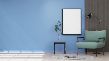 Modern interior design with armchair and side table for living room with a decorated wooden color wall. 3d animation rendering