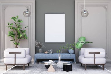 mock up poster frame in modern interior fully furnished rooms background, living room, 3D rendering