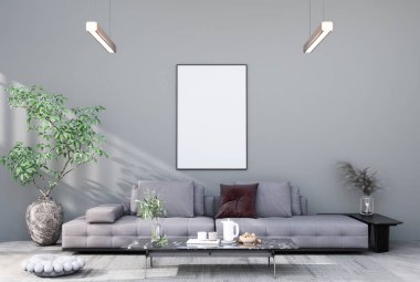 mock up poster frame in modern interior fully furnished rooms background, living room, 3D rendering