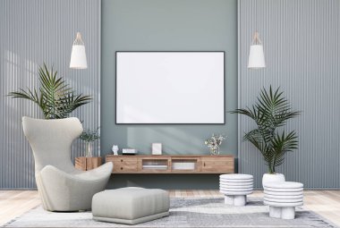 mock up poster frame in modern interior fully furnished rooms background, living room, 3D rendering