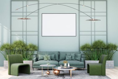 mock up poster frame in modern interior fully furnished rooms background, living room, 3D rendering