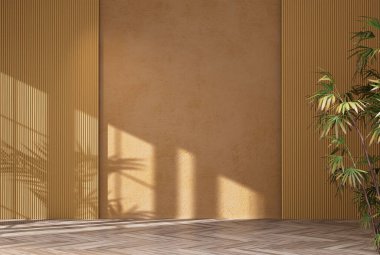 Mockup decorates wall paint background for product presentation empty room with shadows of window and palm leaves. 3d Rendering